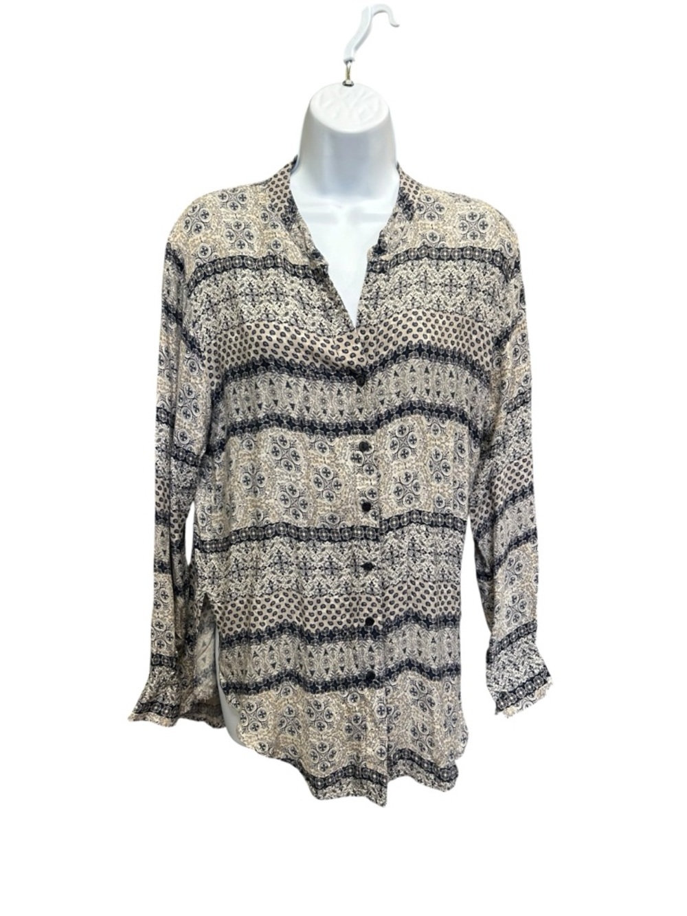 White Crow Boho Mixed Print Button Down Tunic Blouse - Small